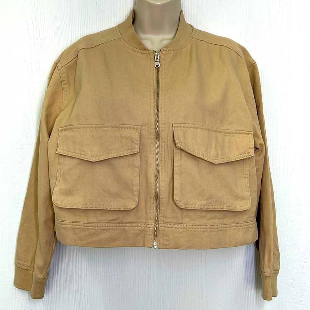 Nicole Miller - NWT Khaki Tan Zipper Front With 2 Pockets Crop Utility Jacket SM